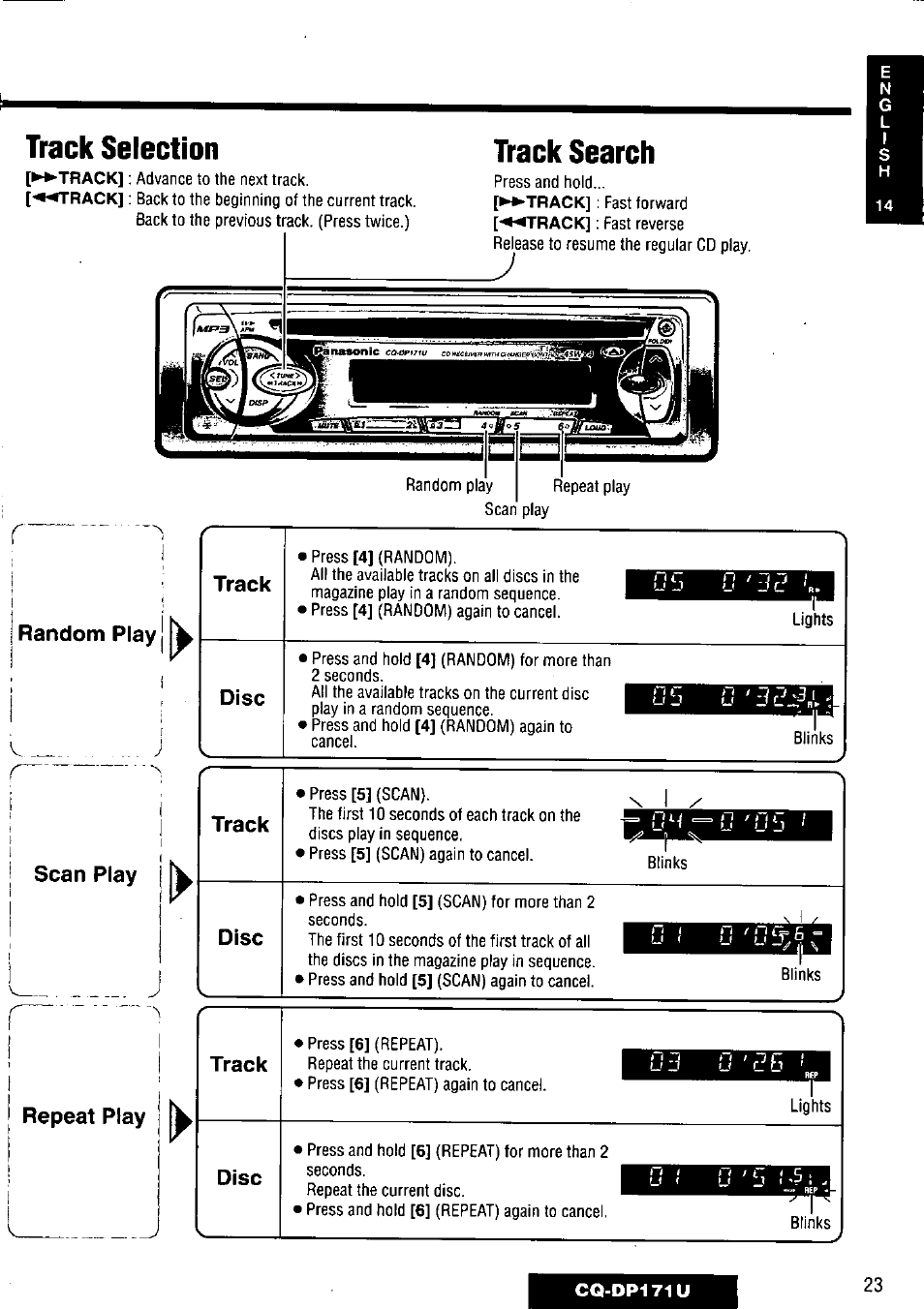 Track selection, Track search, Random play i track disc scan play | Track disc repeat play, Track, 0 ' p b i, Disc | Panasonic CQ-DP171U User Manual | Page 23 / 109
