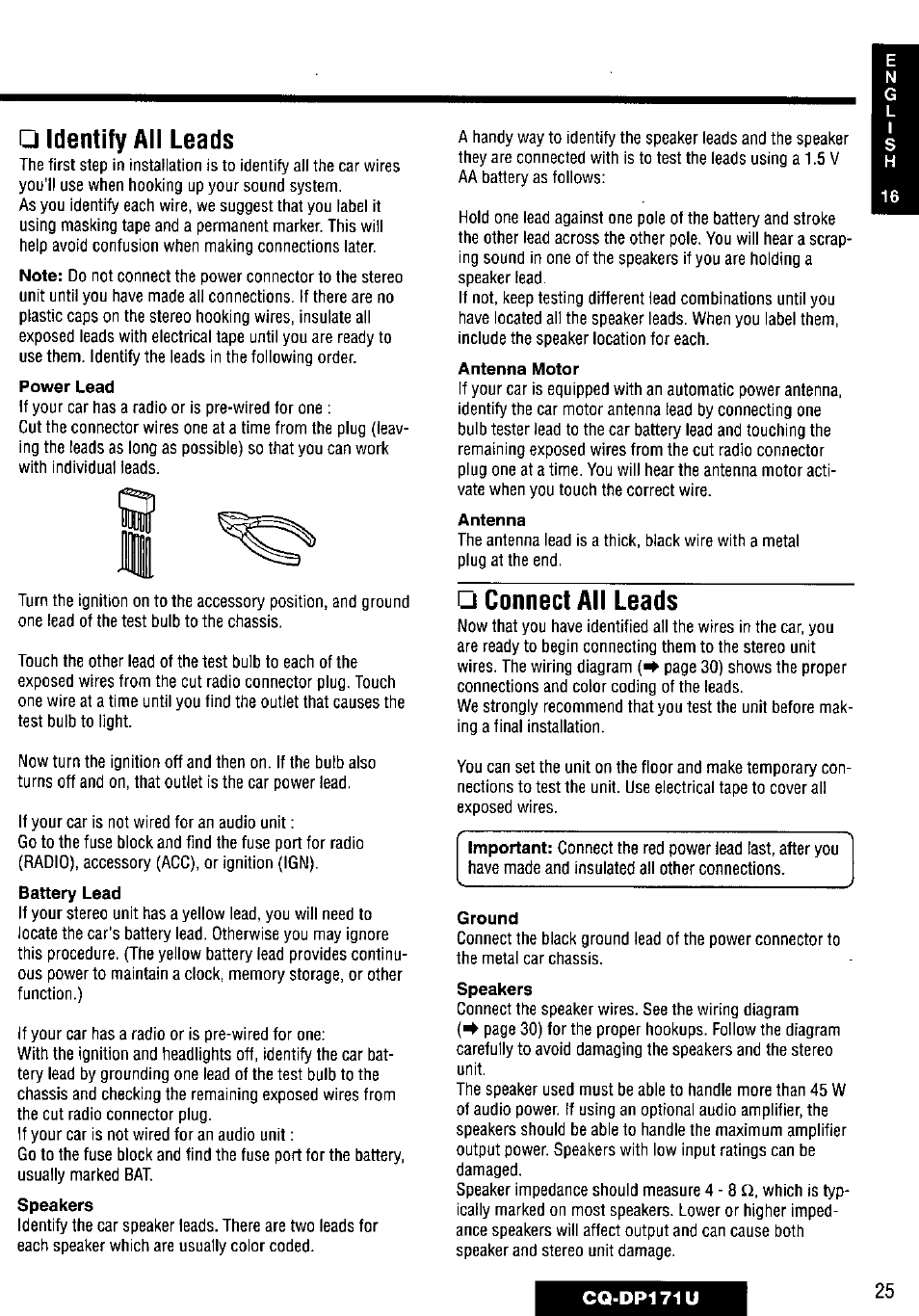 Identify all leads, Connect all leads | Panasonic CQ-DP171U User Manual | Page 25 / 109