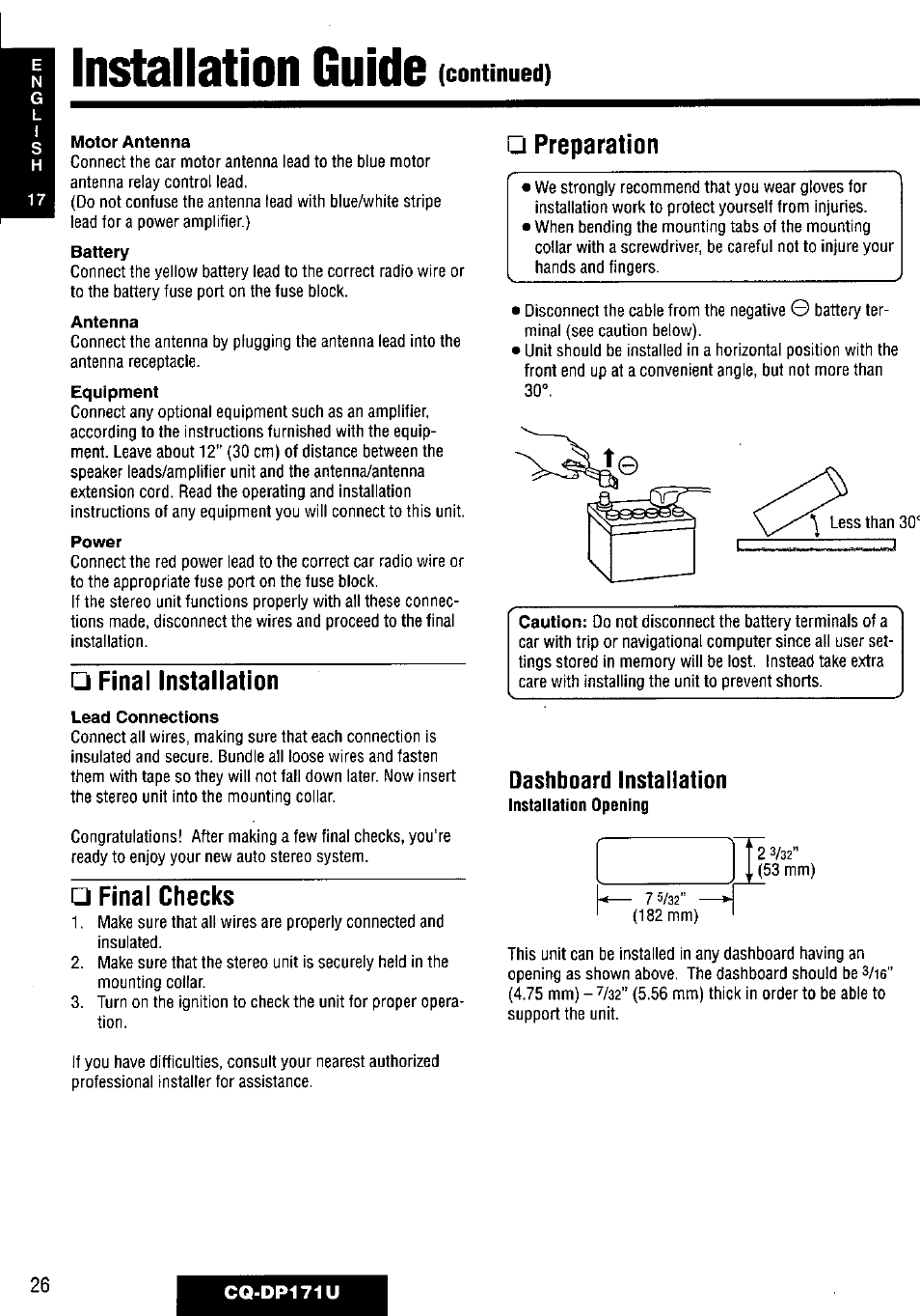 Installation guide, Final installation, Final checks | Preparation, Continued), Dashboard installation installation opening | Panasonic CQ-DP171U User Manual | Page 26 / 109