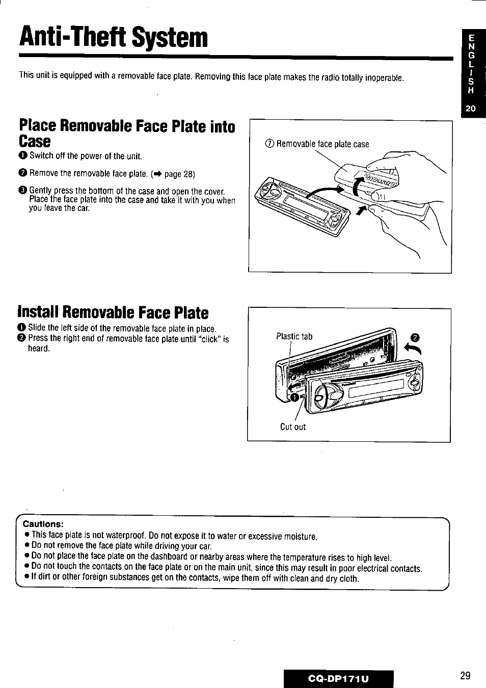 Place removable face plate into case, Install removable face plate, Anti-theft system | Panasonic CQ-DP171U User Manual | Page 29 / 109