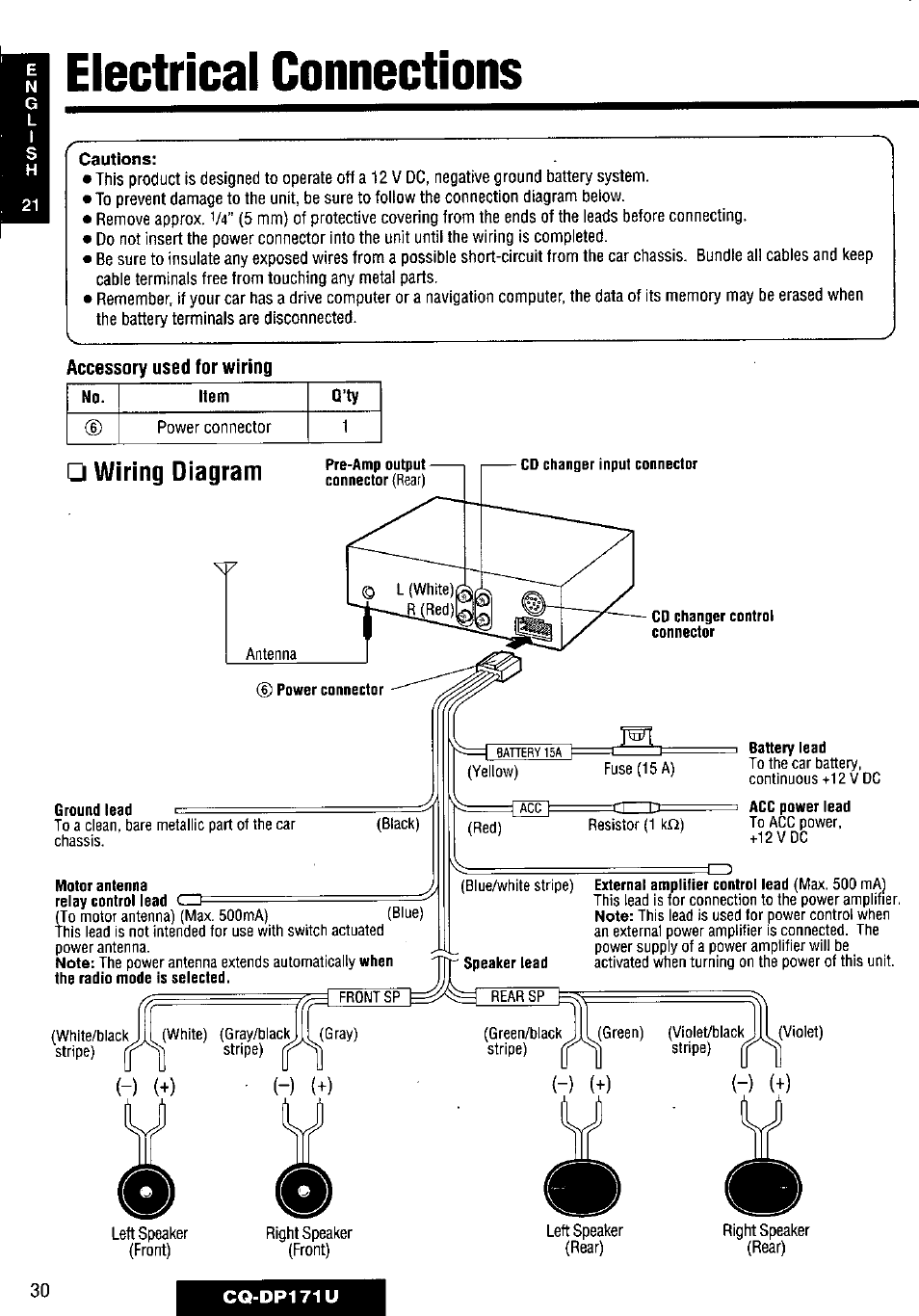 Cautions, Electrical connections, H (+) | Accessory used for wiring, Wiring diagram, Pre-amp output connector, Cd changer input connector, Cd changer control connector, Power connector ground lead, Motor antenna relay control lead | Panasonic CQ-DP171U User Manual | Page 30 / 109