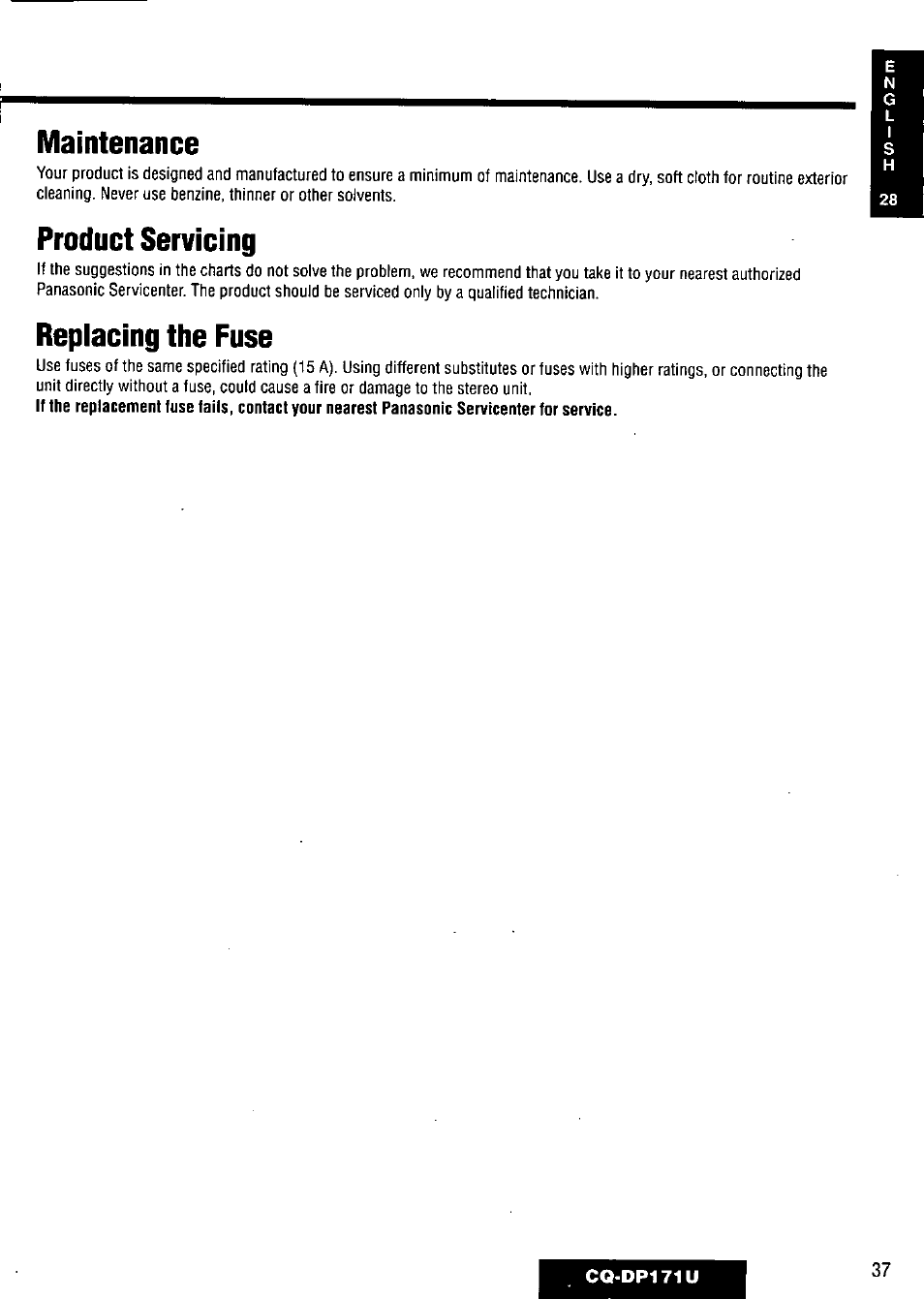 Maintenance, Product servicing, Replacing the fuse | Panasonic CQ-DP171U User Manual | Page 37 / 109