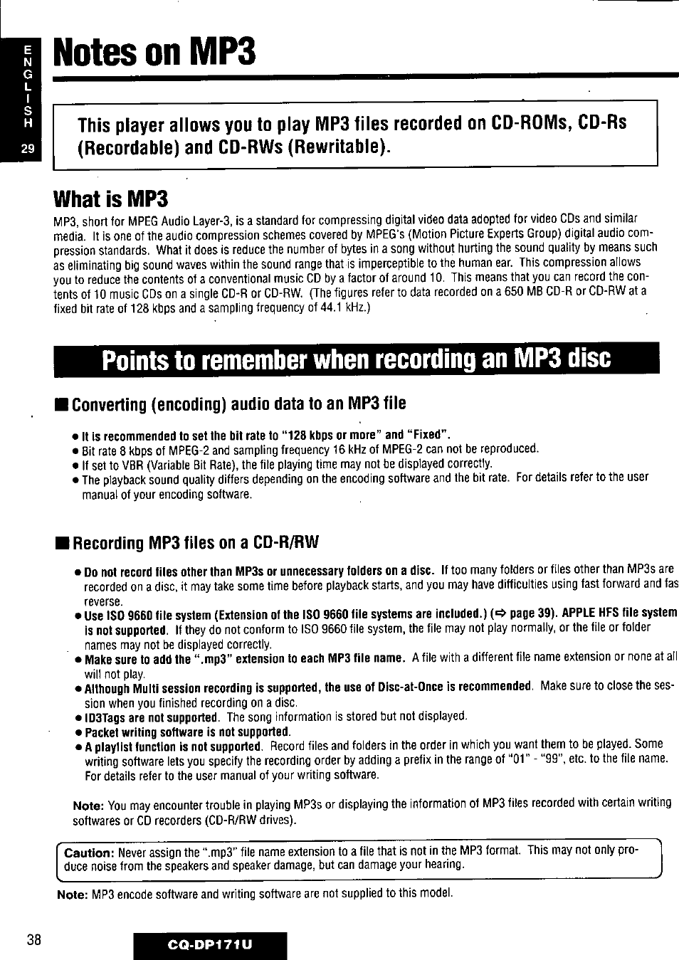 What is mp3, Points to remember when recording an mp3 disc, Id3tags are not supported | Panasonic CQ-DP171U User Manual | Page 38 / 109