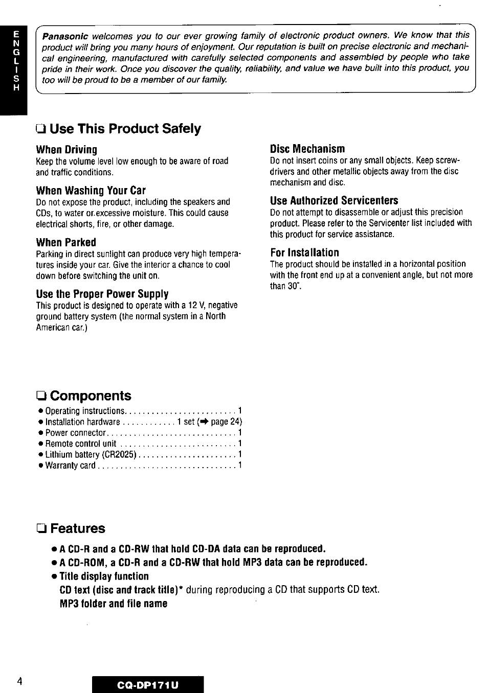 Panasonic CQ-DP171U User Manual | Page 4 / 109