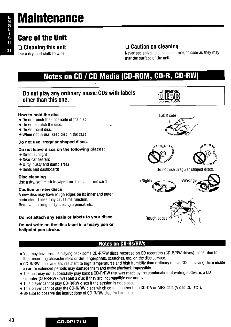 Notes on cd / cd media (cd-rom, cd-r, cd-rw), Maintenance, Care of the unit | Cleaning this unit, Caution on cleaning | Panasonic CQ-DP171U User Manual | Page 40 / 109