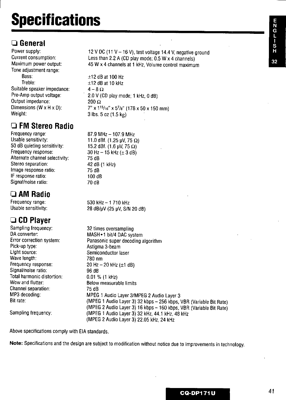 Specifications, General, Fm stereo radio | Am radio, Cd piayer, 200 n | Panasonic CQ-DP171U User Manual | Page 41 / 109