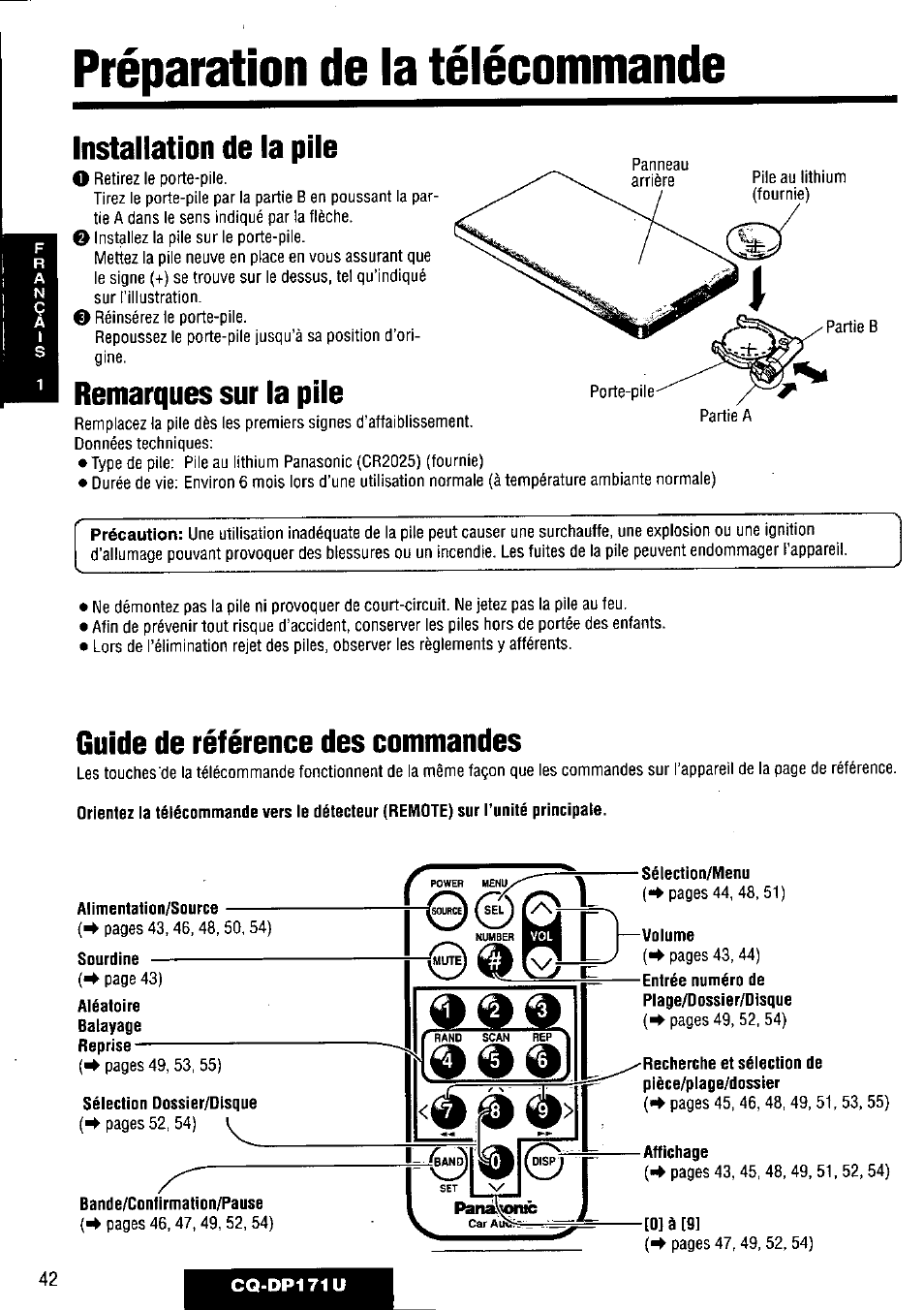 Installation de la pile, Remarques sur la pile, Guide de référence des commandes | Préparation de la télécommande, Sourdine, Aléatoire balayage reprise, Sélection oossier/oisque, Bande/confirmation/pause, Sélection/menu, Volume | Panasonic CQ-DP171U User Manual | Page 42 / 109