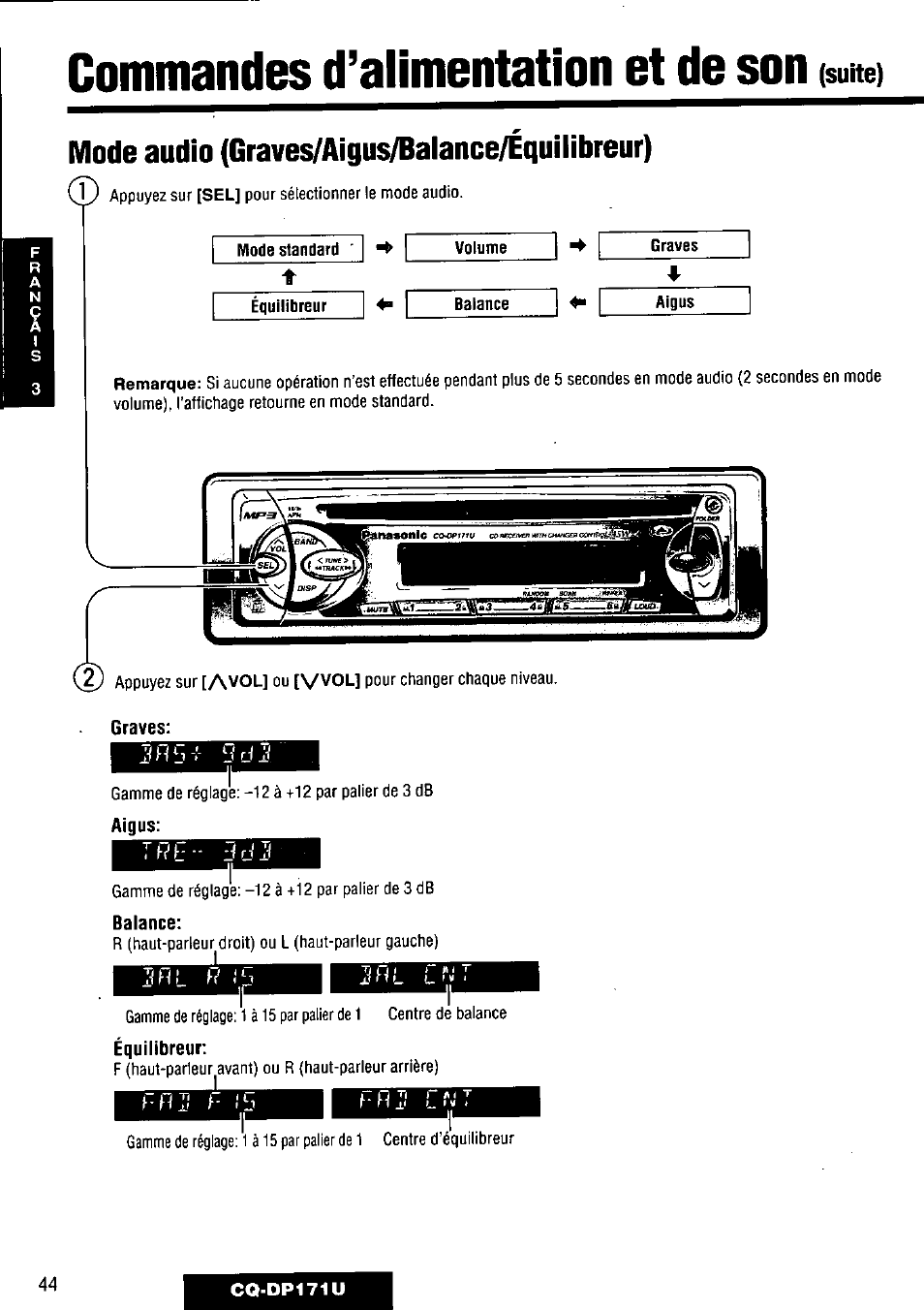 Mode audio (graves/aigus/balance/equilibreur), Commandes d’alimentation et de son | Panasonic CQ-DP171U User Manual | Page 44 / 109