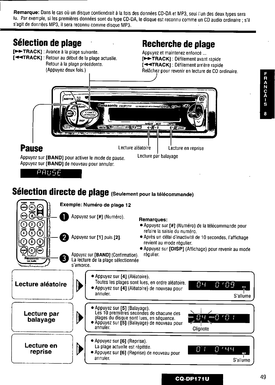 Sélection de plage, Recherche de plage, Pause | Sélection directe de plage | Panasonic CQ-DP171U User Manual | Page 49 / 109