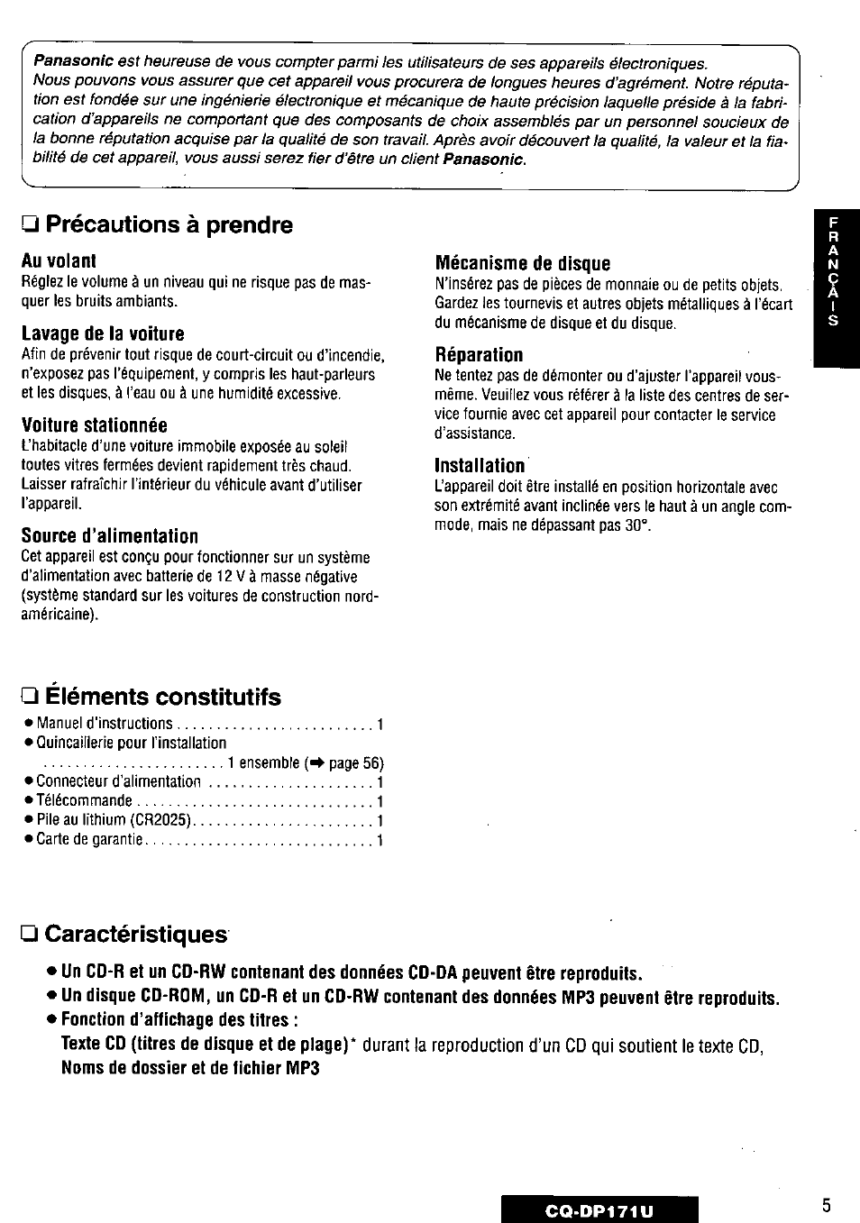 Panasonic CQ-DP171U User Manual | Page 5 / 109