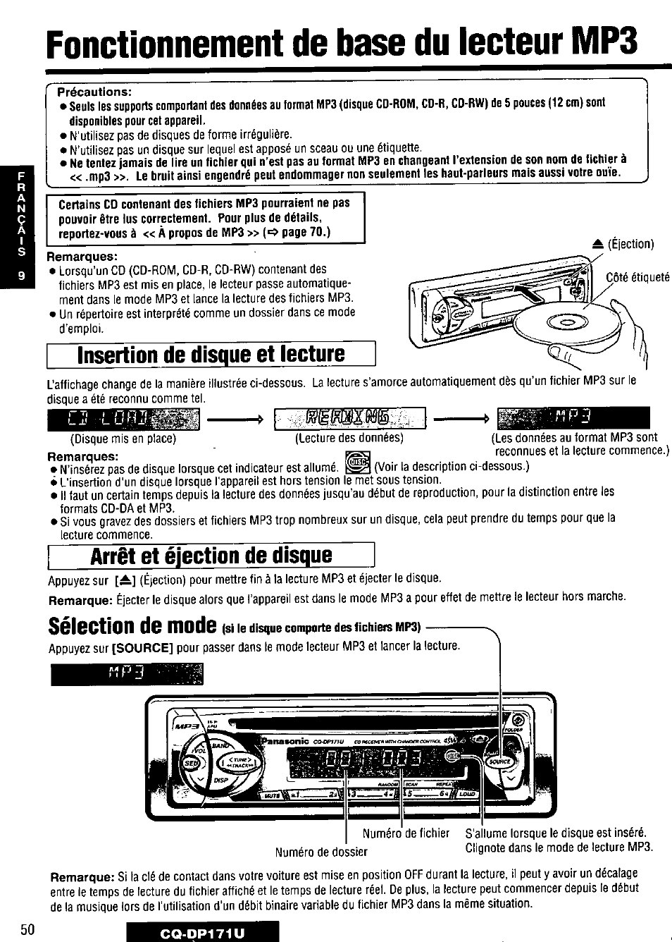 Arrêt et éjection de disque, Fonctionnement de base du lecteur mp3, Insertion de disque et lecture | Sélection de mode, Remarque, Si le disque comporte des fichiers mp3) | Panasonic CQ-DP171U User Manual | Page 50 / 109