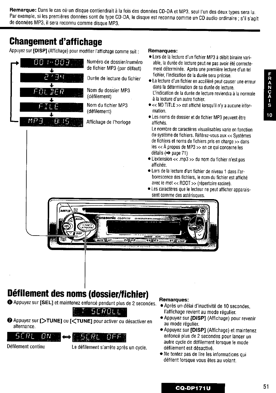 Changement d’affichage, N n ( „ n j, I^bi f | 1 file. 4^ fip3, 0, Défilement des noms (dossier/fichier) | Panasonic CQ-DP171U User Manual | Page 51 / 109