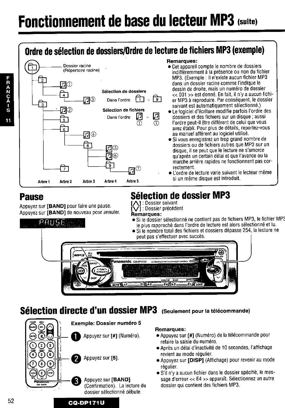 Pause, Sélection de dossier mp3, Fonctionnement de base du lecteur mp3 | Sélection directe d’un dossier mp3, Suite) | Panasonic CQ-DP171U User Manual | Page 52 / 109