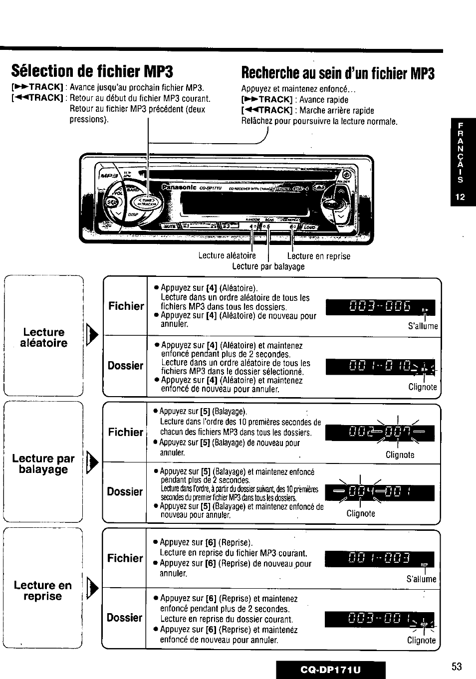 Sélection de fichier mp3, Recherche au sein d’un fichier mp3, Lecture aléatoire | Fichier dossier, Lecture par balayage fichier, Dossier, Lecture en reprise, Fichier n t t, I u 1 | Panasonic CQ-DP171U User Manual | Page 53 / 109