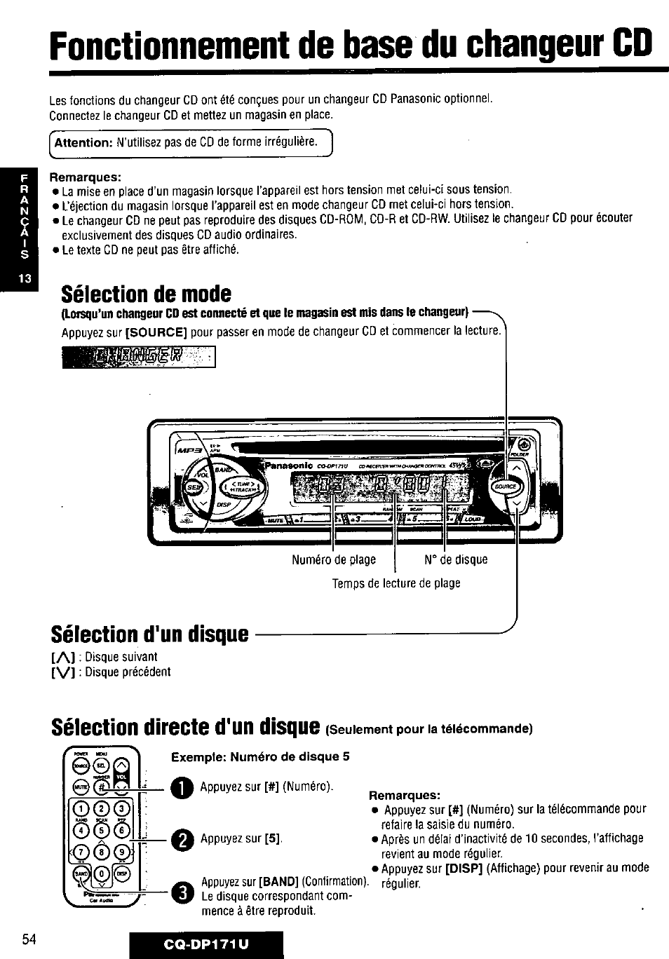 Sélection de mode, Sélection d'un disque, Fonctionnement de base du changeur cd | O © 0, Sélection directe d'un disque | Panasonic CQ-DP171U User Manual | Page 54 / 109