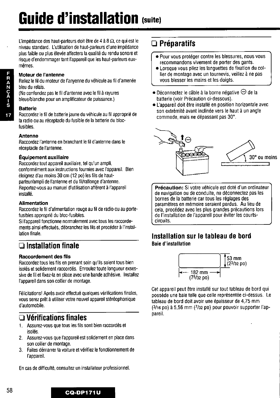 Guide d’installation, Suite), Installation finale | Vérifications finales, Préparatifs, Installation sur le tableau de bord, Moteur de l’antenne, Batterie, Antenne, Équipement auxiliaire | Panasonic CQ-DP171U User Manual | Page 58 / 109