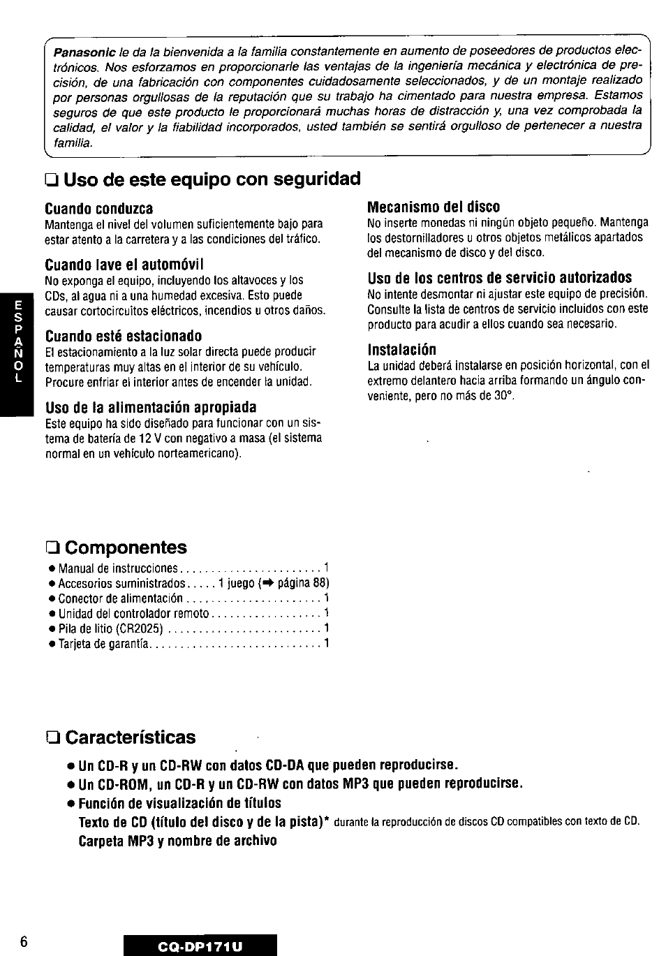 Panasonic CQ-DP171U User Manual | Page 6 / 109