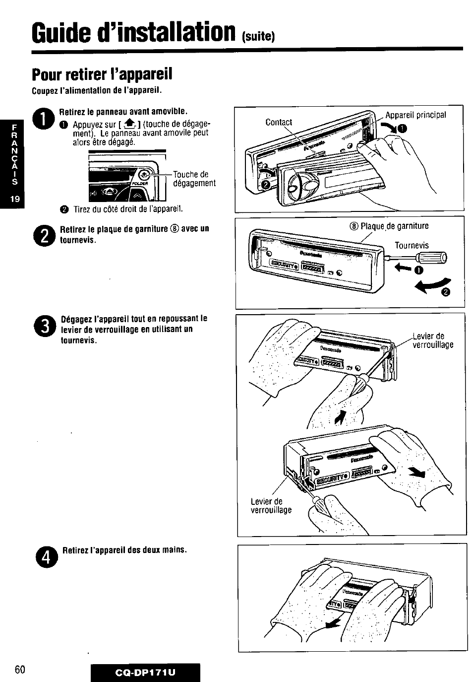 Pour retirer l’appareil, Guide d’installation | Panasonic CQ-DP171U User Manual | Page 60 / 109