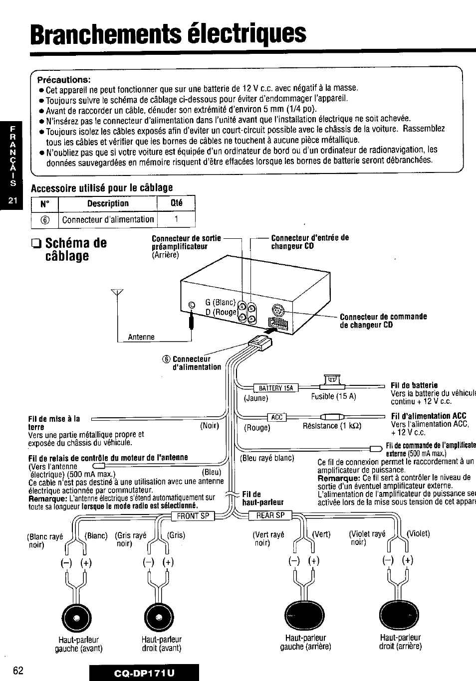 Branchements électriques, Accessoire utilisé pour le câblage, Schéma de câblage | Connecteur de sortie préamplificateur, Connecteur d'entrée de changeur cd, Fil de relais de contrôle du moteur de l'antenne, Remarque, Lorsque le mode radio est sélectionné, Fil d'alimentation acc | Panasonic CQ-DP171U User Manual | Page 62 / 109
