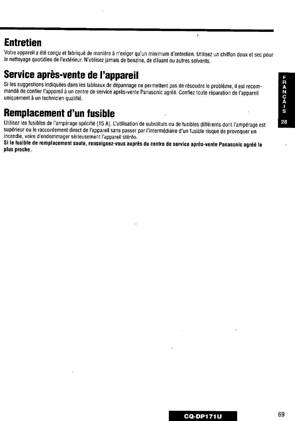 Entretien, Service après-vente de l’appareil, Remplacement d’un fusible | Panasonic CQ-DP171U User Manual | Page 69 / 109