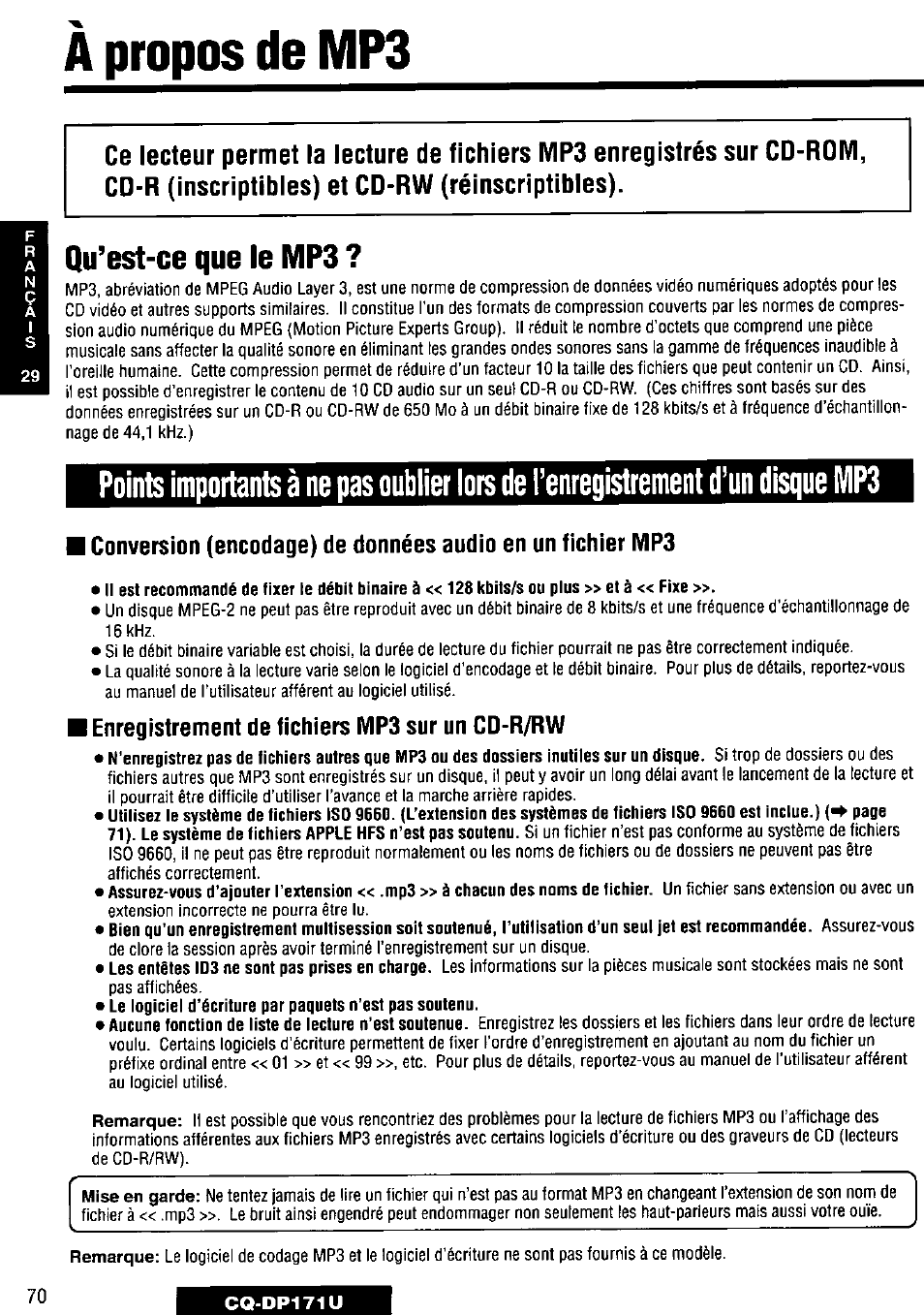 Qu’est-ce que le mp3, À propos de mp3 | Panasonic CQ-DP171U User Manual | Page 70 / 109