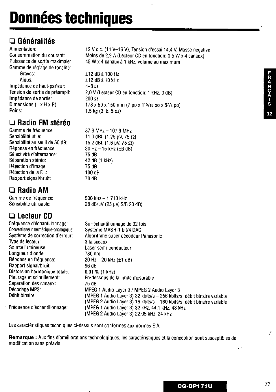 Données techniques, Généralités, Radio fm stéréo | Radio am, Lecteur cd, 200 iï, Remarque | Panasonic CQ-DP171U User Manual | Page 73 / 109