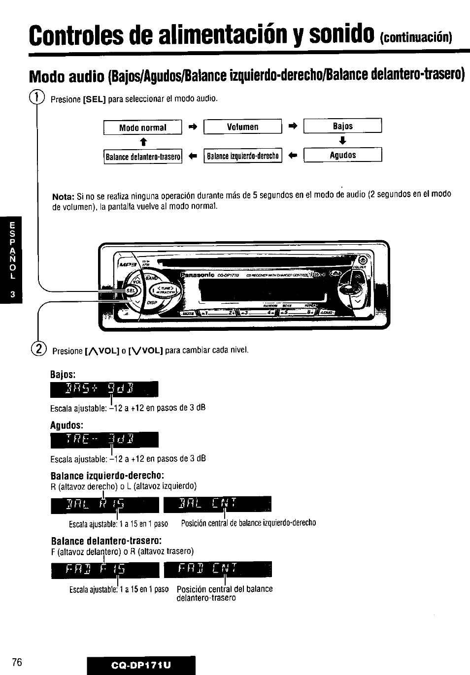 Controles de alimentación y sonido (commuación), Bajos, Agudos | Balance izquierdo-derecho, Balance delantero-trasero | Panasonic CQ-DP171U User Manual | Page 76 / 109
