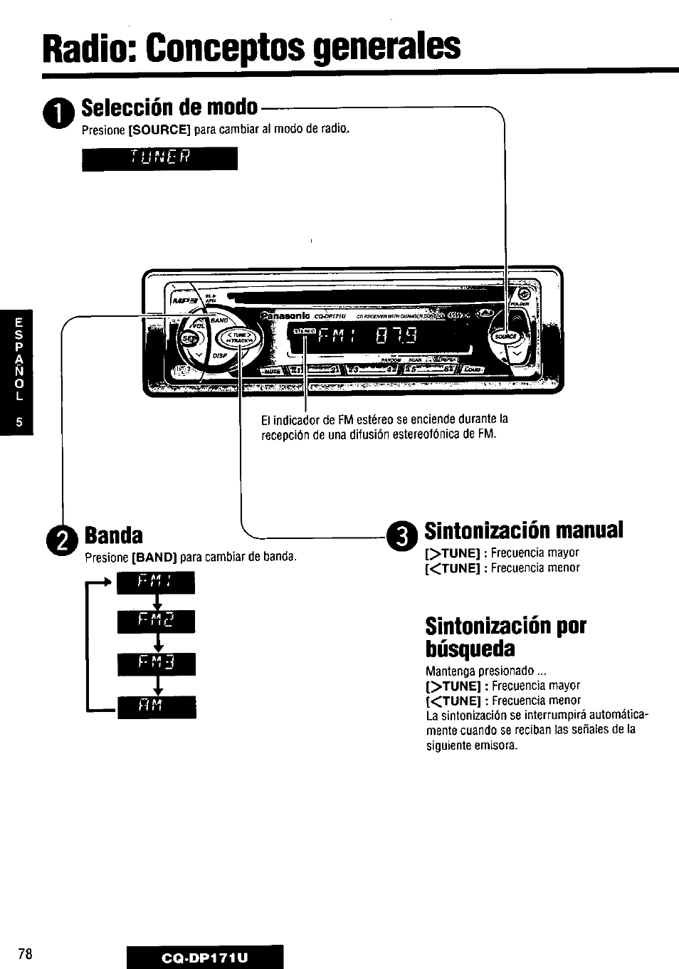 Selección de modo, Banda, Sintonización por búsqueda | Radio: conceptos generales, A sintonización manuai | Panasonic CQ-DP171U User Manual | Page 78 / 109