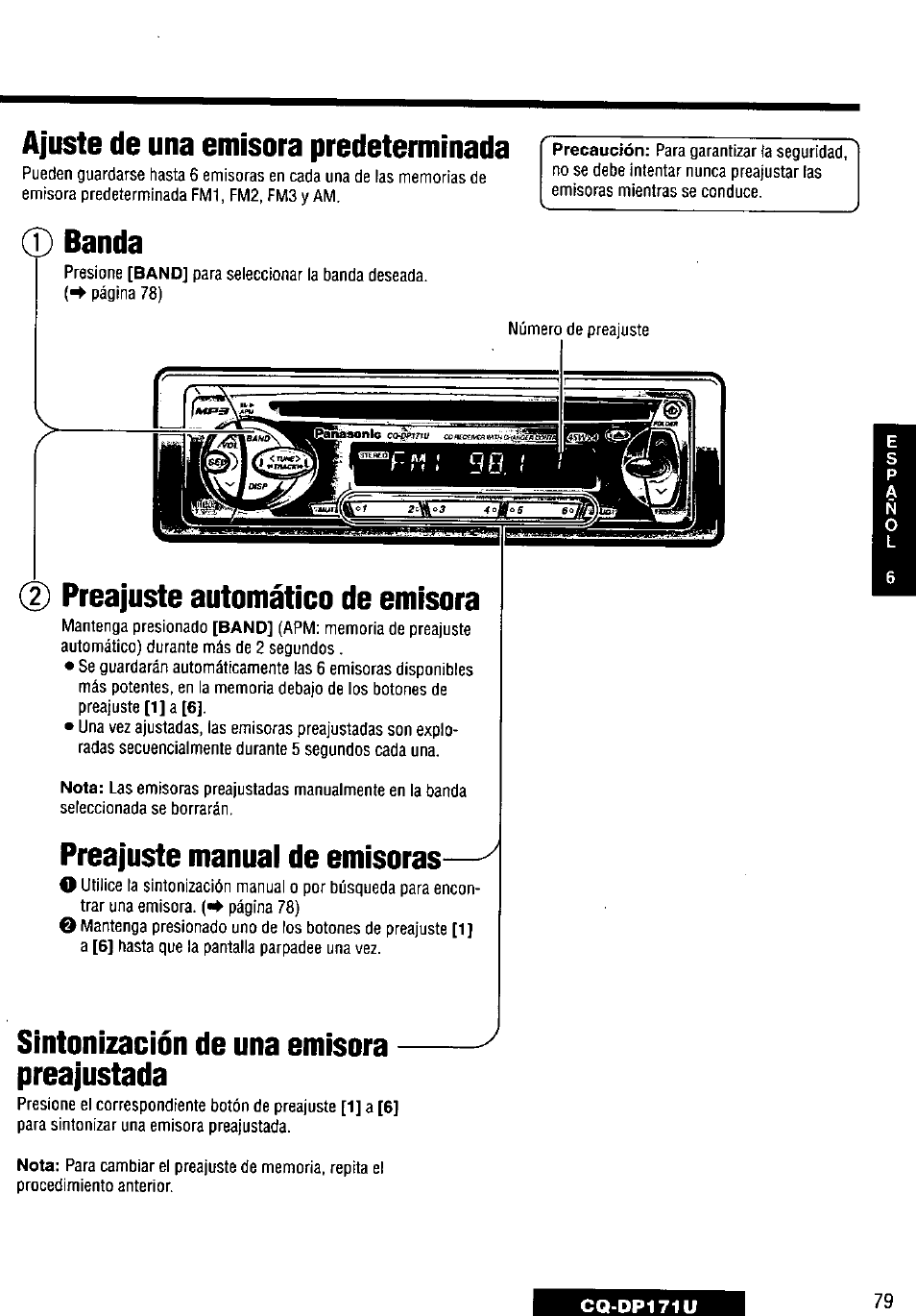 Ajuste de una emisora predeterminada, 0 banda, 0 preajuste automático de emisora | Preajuste manual de emisoras, Sintonización de una emisora - preajustada | Panasonic CQ-DP171U User Manual | Page 79 / 109