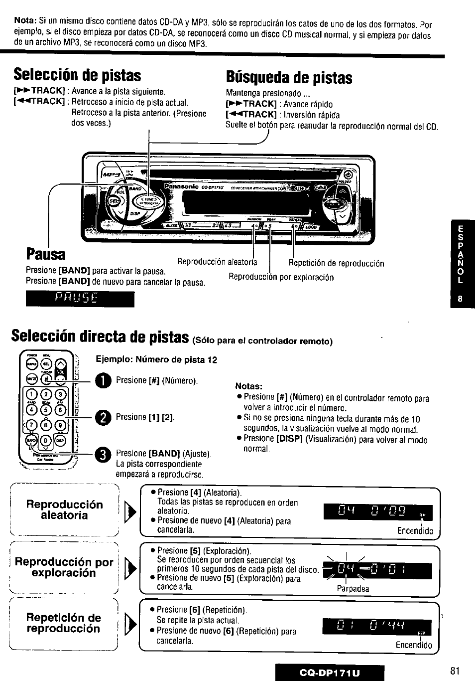 Selección de pistas, Búsqueda de pistas, Pausa | Selección directa de pistas, Reproducción aleatoria | Panasonic CQ-DP171U User Manual | Page 81 / 109