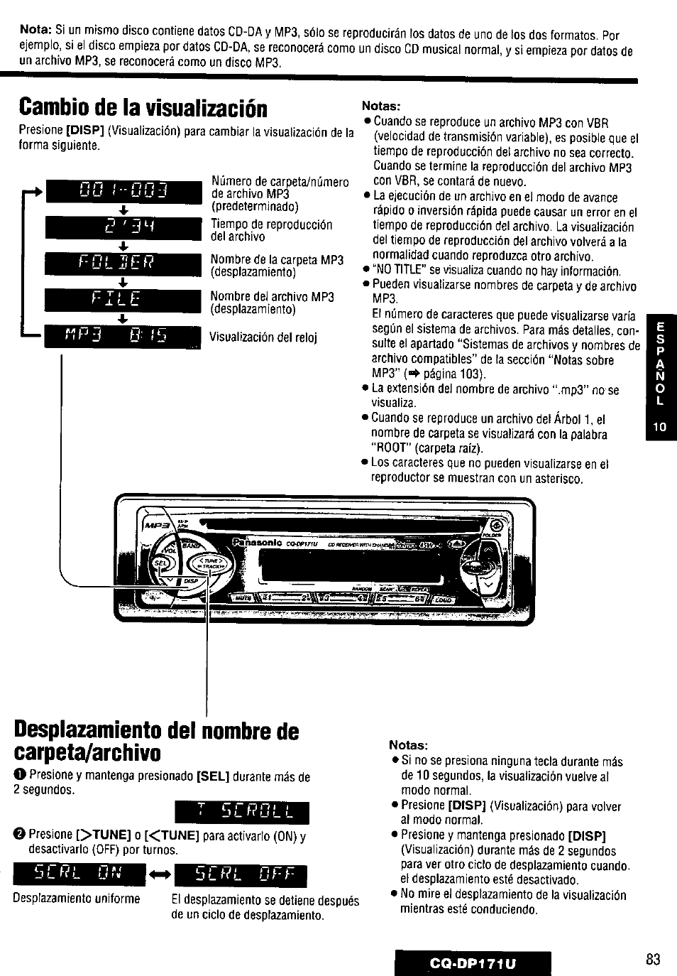 Desplazamiento del nombre de carpeta/archivo, Cambio de la visualización, Bif^l ijhh | Nota, Disp, Notas, Tune | Panasonic CQ-DP171U User Manual | Page 83 / 109