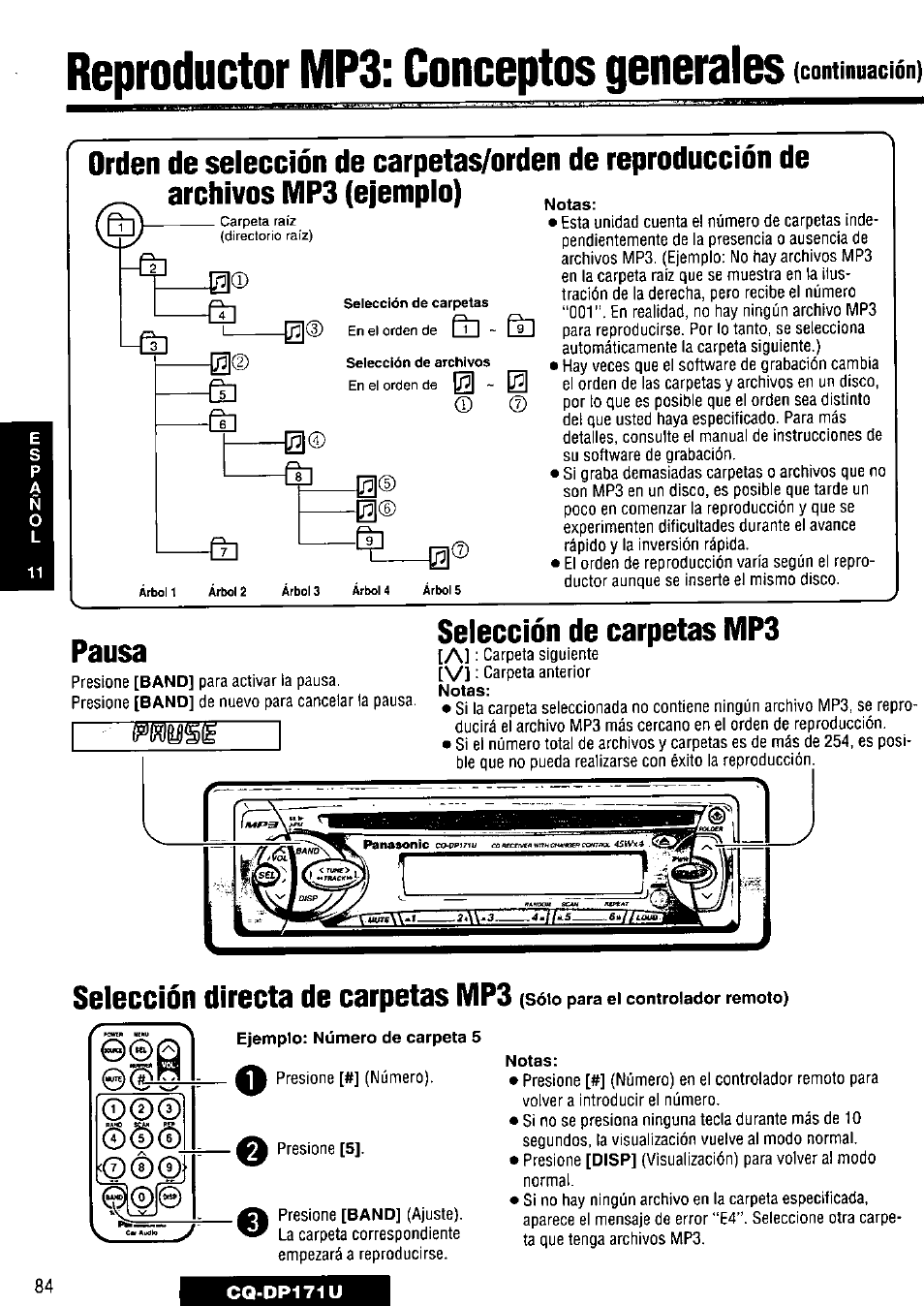 Orden, Selección de carpetas mp3, Reproductor мрз: conceptos generales | A - a, Pausa, Selección directa de carpetas mp3, Continuación) | Panasonic CQ-DP171U User Manual | Page 84 / 109