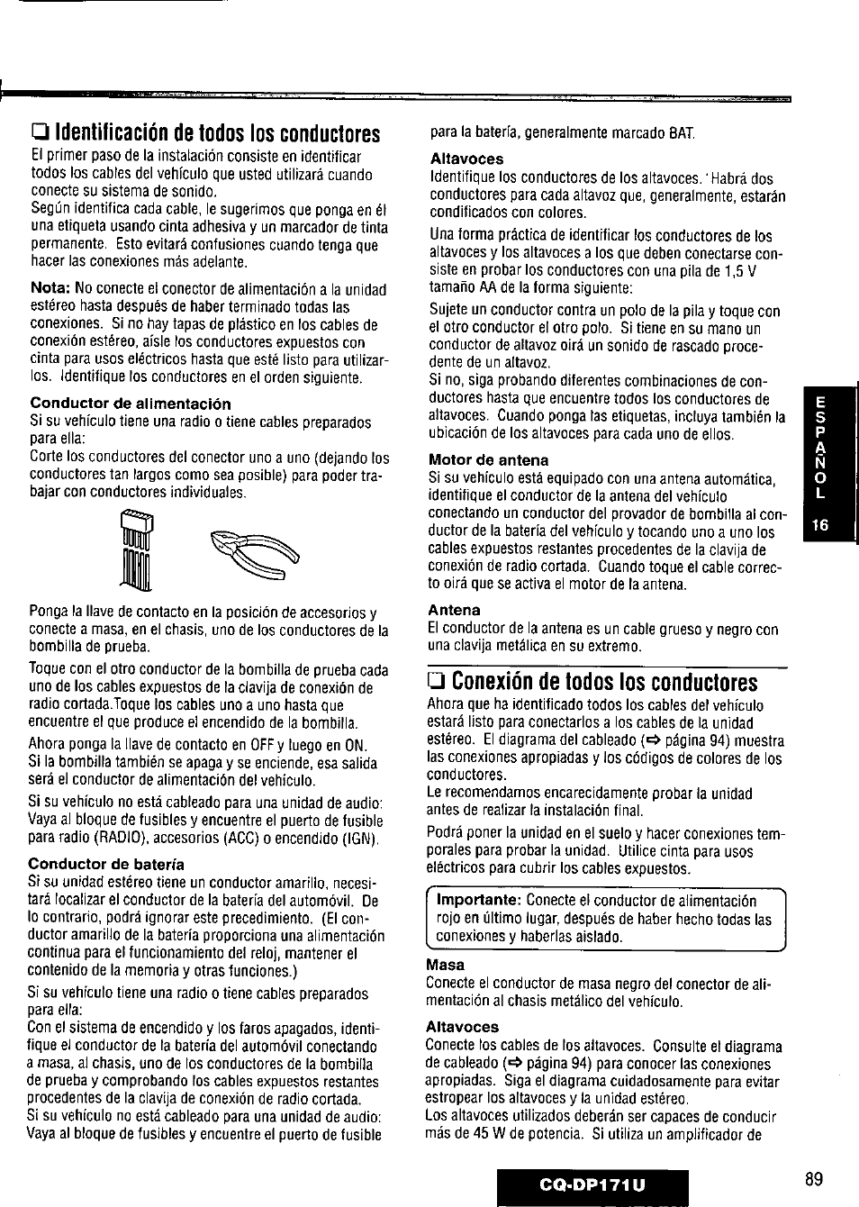 Conductor de alimentación, Conductor de batería, Altavoces | Motor de antena, Antena, Masa, Identificación de todos los conductores, Conexión de todos los conductores, Nota, Importante | Panasonic CQ-DP171U User Manual | Page 89 / 109