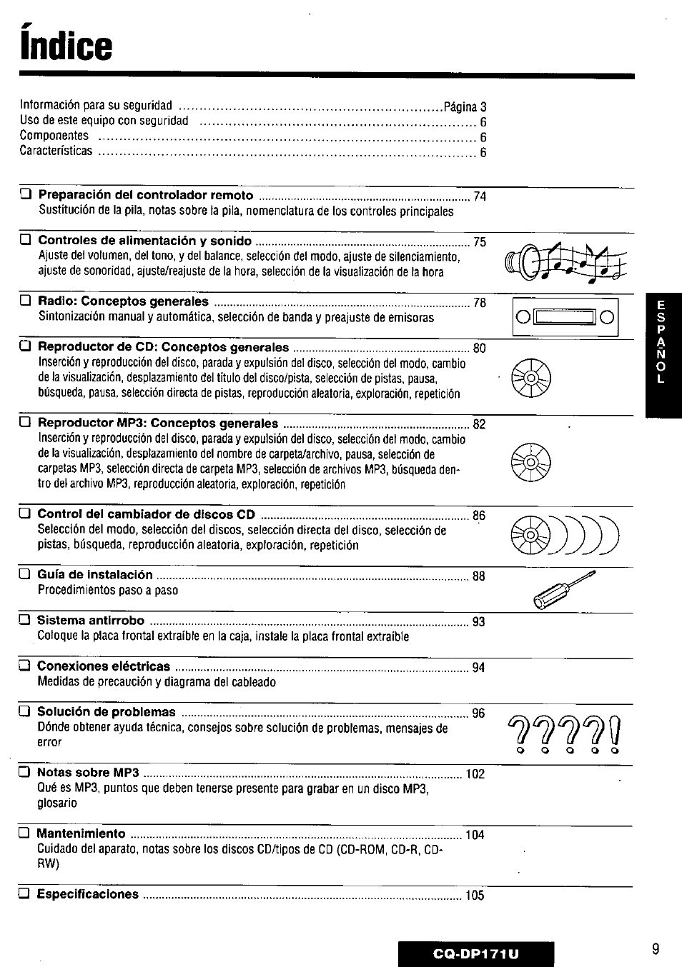 Indice | Panasonic CQ-DP171U User Manual | Page 9 / 109
