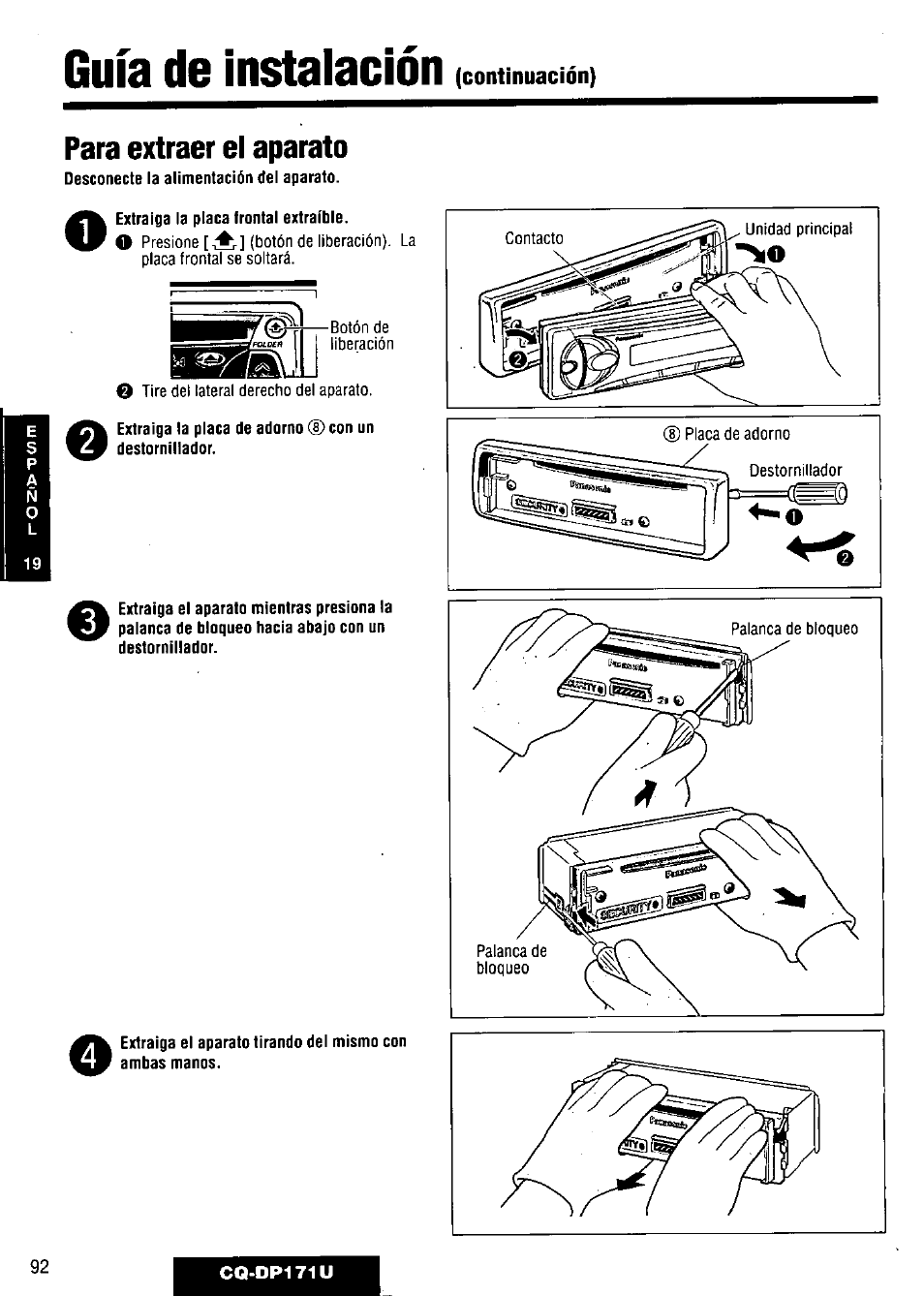 Para extraer el aparato, Guía de instalación | Panasonic CQ-DP171U User Manual | Page 92 / 109