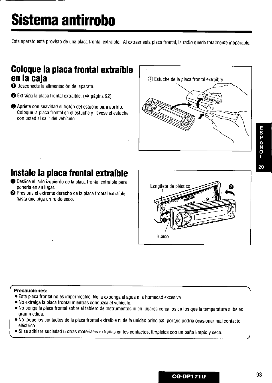 Coloque la placa frontal extraíble en la caja, Instale la placa frontal extraíble, Sistema antirrobo | Panasonic CQ-DP171U User Manual | Page 93 / 109