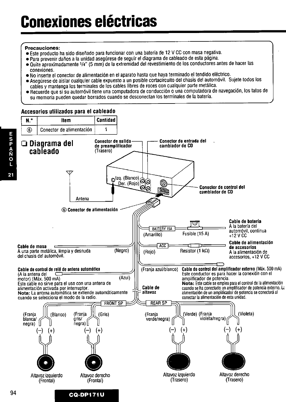 Conexiones eléctricas, Accesorios utilizados para el cableado, Diagrama del cableado | Conector de salida de preamplífícador, Conector de entrada del cambiador de cd, Conector de alimentación cable de masa i, Cable de control de relé de antena automática, Conector de control del cambiador de cd, Cable de batería, Cable de alimentación de accesorios | Panasonic CQ-DP171U User Manual | Page 94 / 109