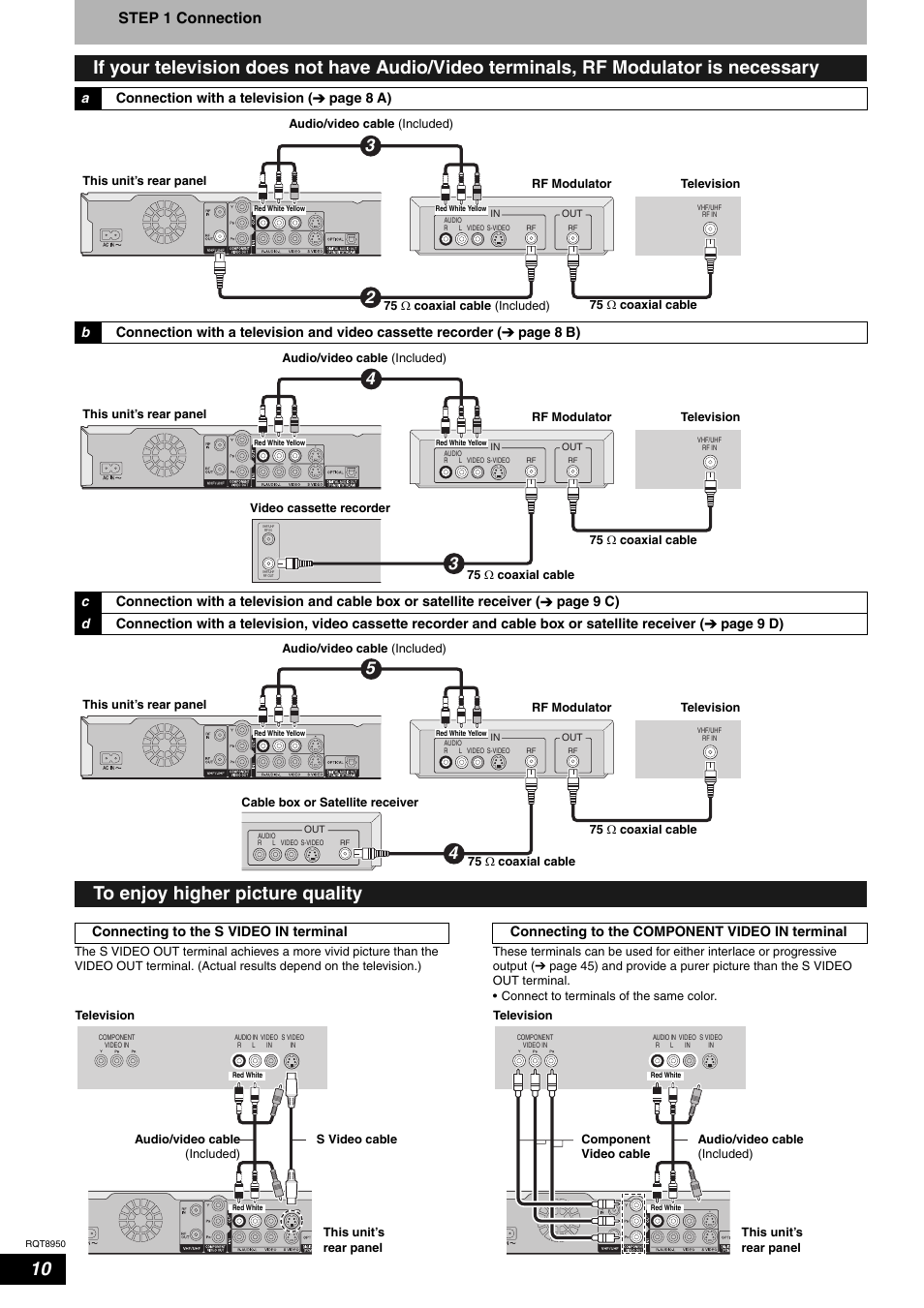 Step 1 connection, Aconnection with a television ( ô page 8, Connecting to the s video in terminal | Connecting to the component video in terminal | Panasonic DMR-ES16 User Manual | Page 10 / 48