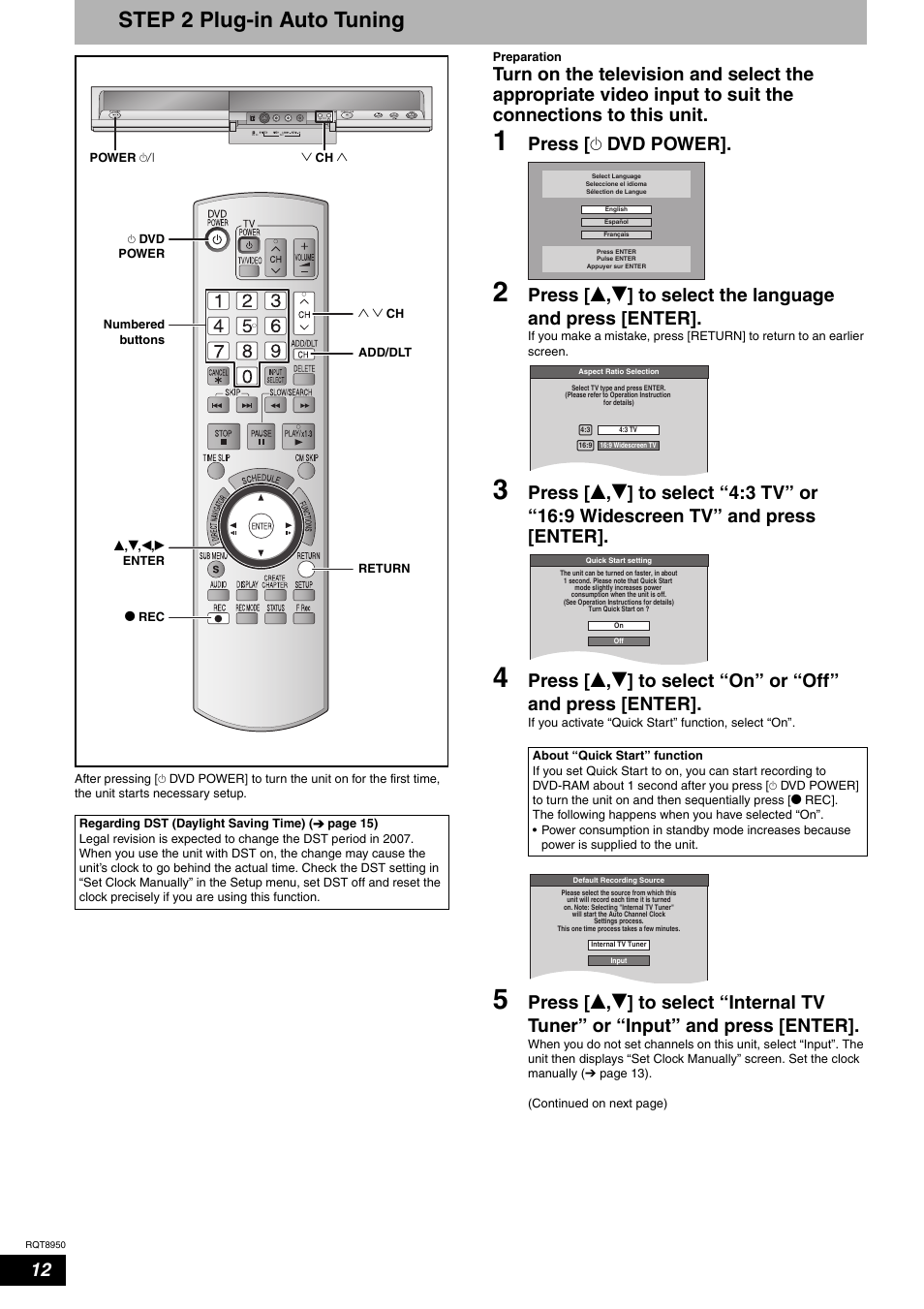Step 2 plug-in auto tuning, Press [ ^ dvd power | Panasonic DMR-ES16 User Manual | Page 12 / 48