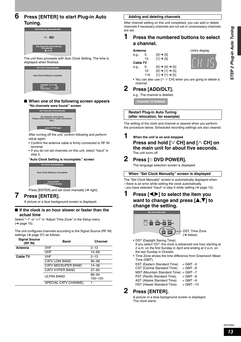 Press [enter] to start plug-in auto tuning, Press [enter, Press the numbered buttons to select a channel | Press [add/dlt, Press [ ^ dvd power | Panasonic DMR-ES16 User Manual | Page 13 / 48