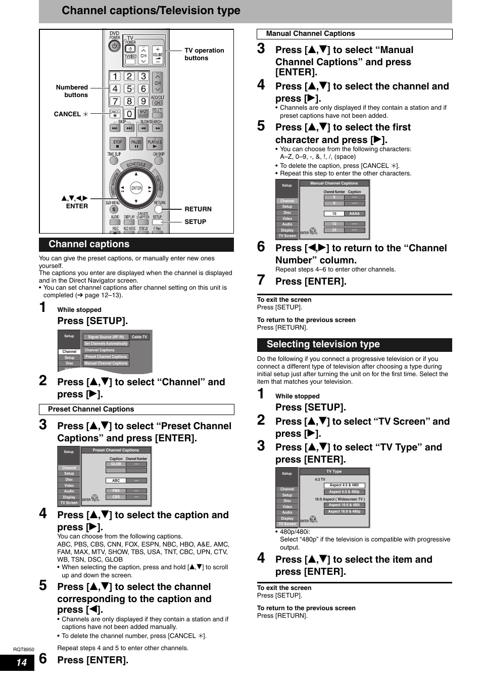 Channel captions/television type, Press [setup, Press [ e , r ] to select “channel” and press [ q | Press [enter, Channel captions, Selecting television type | Panasonic DMR-ES16 User Manual | Page 14 / 48