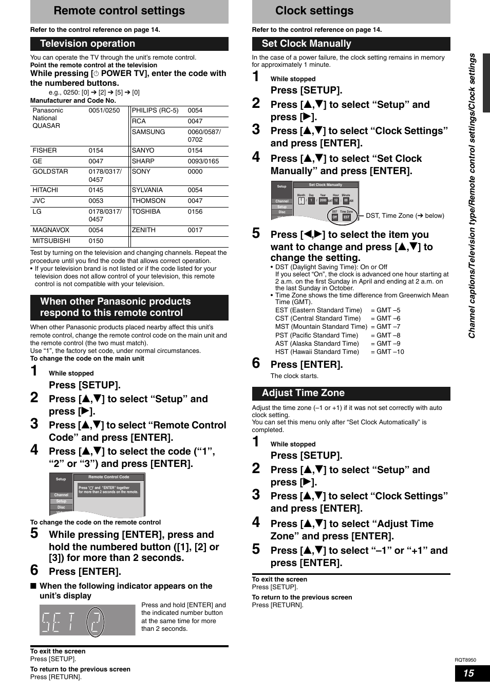 Remote control settings, Clock settings, Press [setup | Press [ e , r ] to select “setup” and press [ q, Press [enter, Television operation, Set clock manually, Adjust time zone | Panasonic DMR-ES16 User Manual | Page 15 / 48