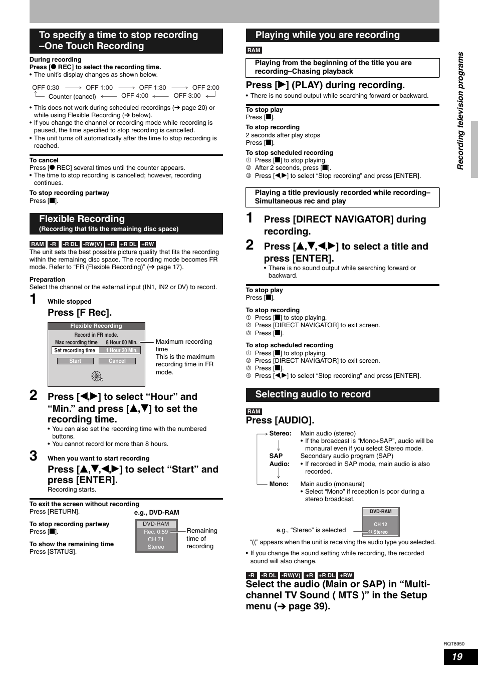 Press [f rec, Press [ q ] (play) during recording, Press [direct navigator] during recording | Press [audio, Playing while you are recording, Selecting audio to record | Panasonic DMR-ES16 User Manual | Page 19 / 48