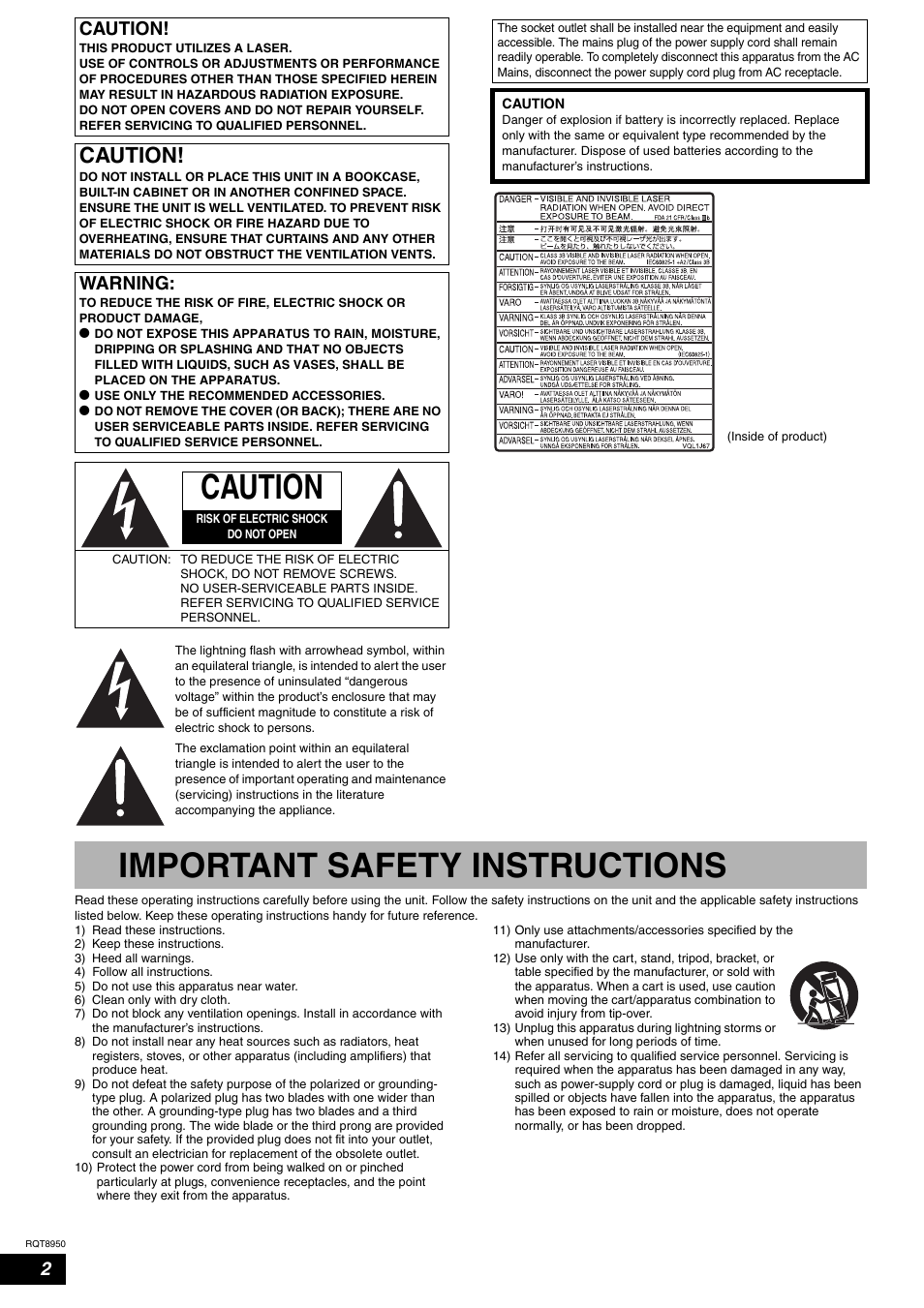 Important safety instructions, Caution, Warning | Panasonic DMR-ES16 User Manual | Page 2 / 48