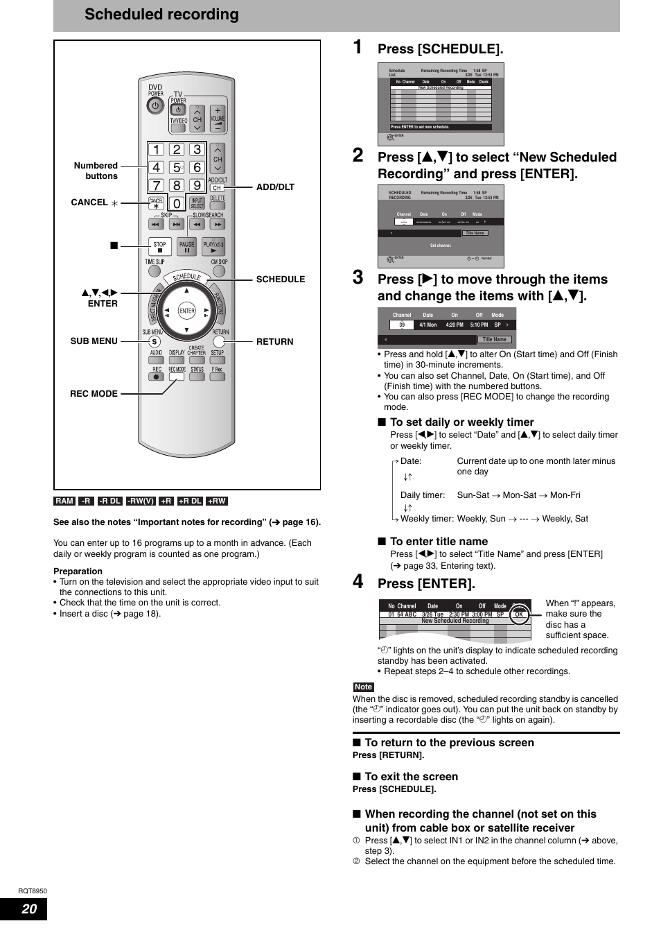 Scheduled recording, Press [schedule, Press [enter | Nto set daily or weekly timer, Nto enter title name, Nto return to the previous screen, Nto exit the screen | Panasonic DMR-ES16 User Manual | Page 20 / 48
