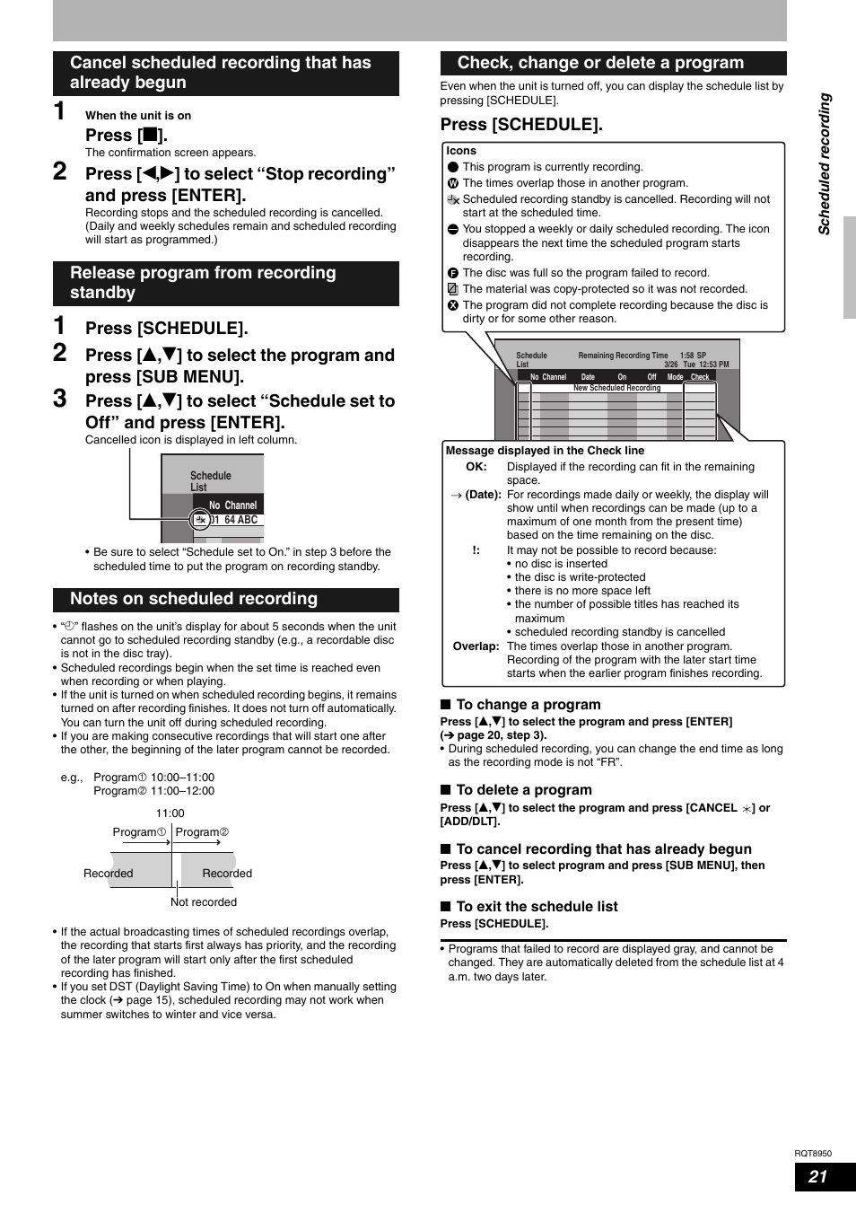 Press [ g, Press [schedule, Check, change or delete a program | Panasonic DMR-ES16 User Manual | Page 21 / 48