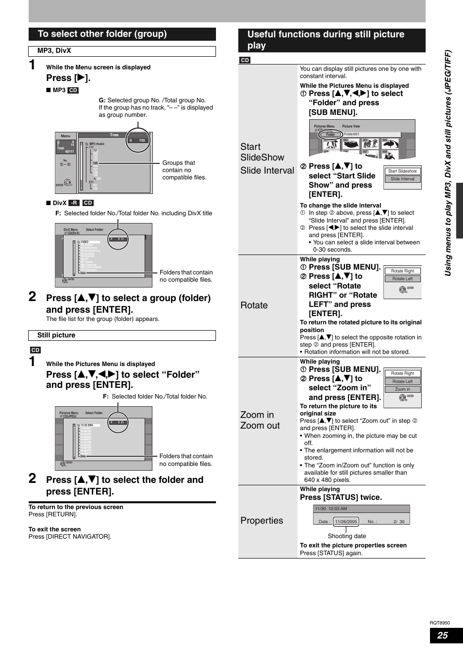Press [ q, Rotate, Zoom in zoom out | Properties, Press [status] twice, Mp3, divx still picture | Panasonic DMR-ES16 User Manual | Page 25 / 48