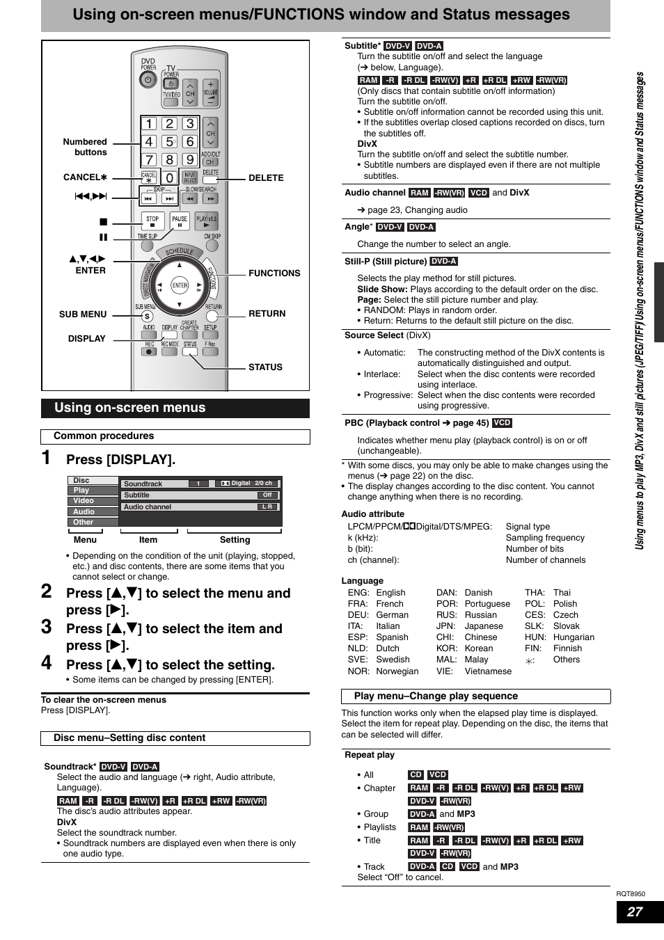 Press [display, Press [ e , r ] to select the menu and press [ q, Press [ e , r ] to select the item and press [ q | Press [ e , r ] to select the setting, Using on-screen menus | Panasonic DMR-ES16 User Manual | Page 27 / 48