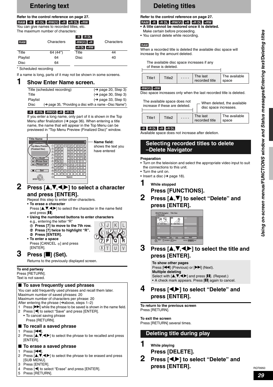 Entering text, Deleting titles, Show enter name screen | Press [ g ] (set), Press [functions, Press [delete, Deleting title during play, Nto save frequently used phrases, Nto recall a saved phrase, Nto erase a saved phrase | Panasonic DMR-ES16 User Manual | Page 29 / 48