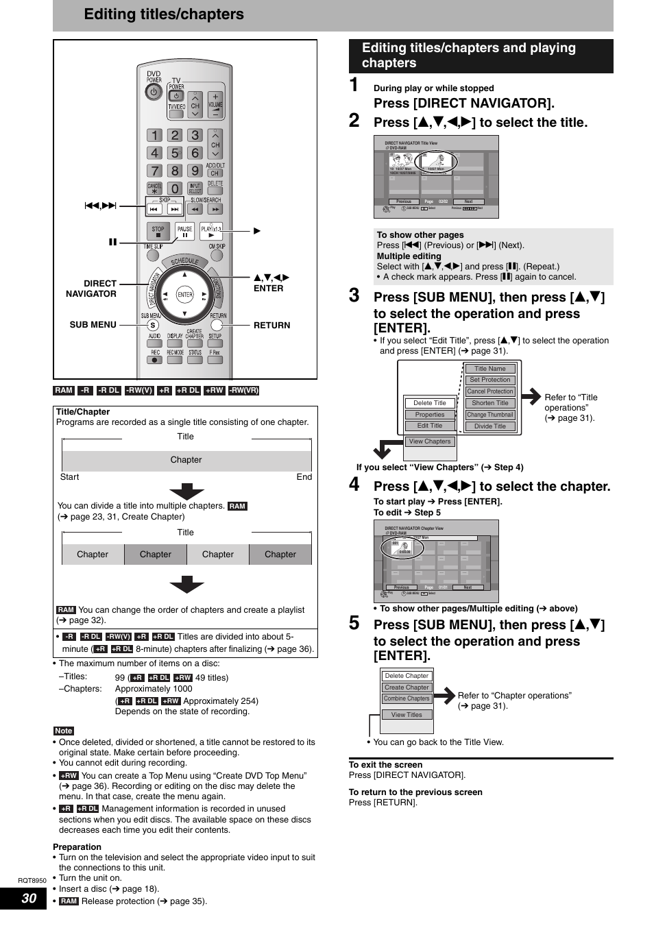 Editing titles/chapters, Press [direct navigator, Press [ e , r , w , q ] to select the title | Press [ e , r , w , q ] to select the chapter, Editing titles/chapters and playing chapters | Panasonic DMR-ES16 User Manual | Page 30 / 48